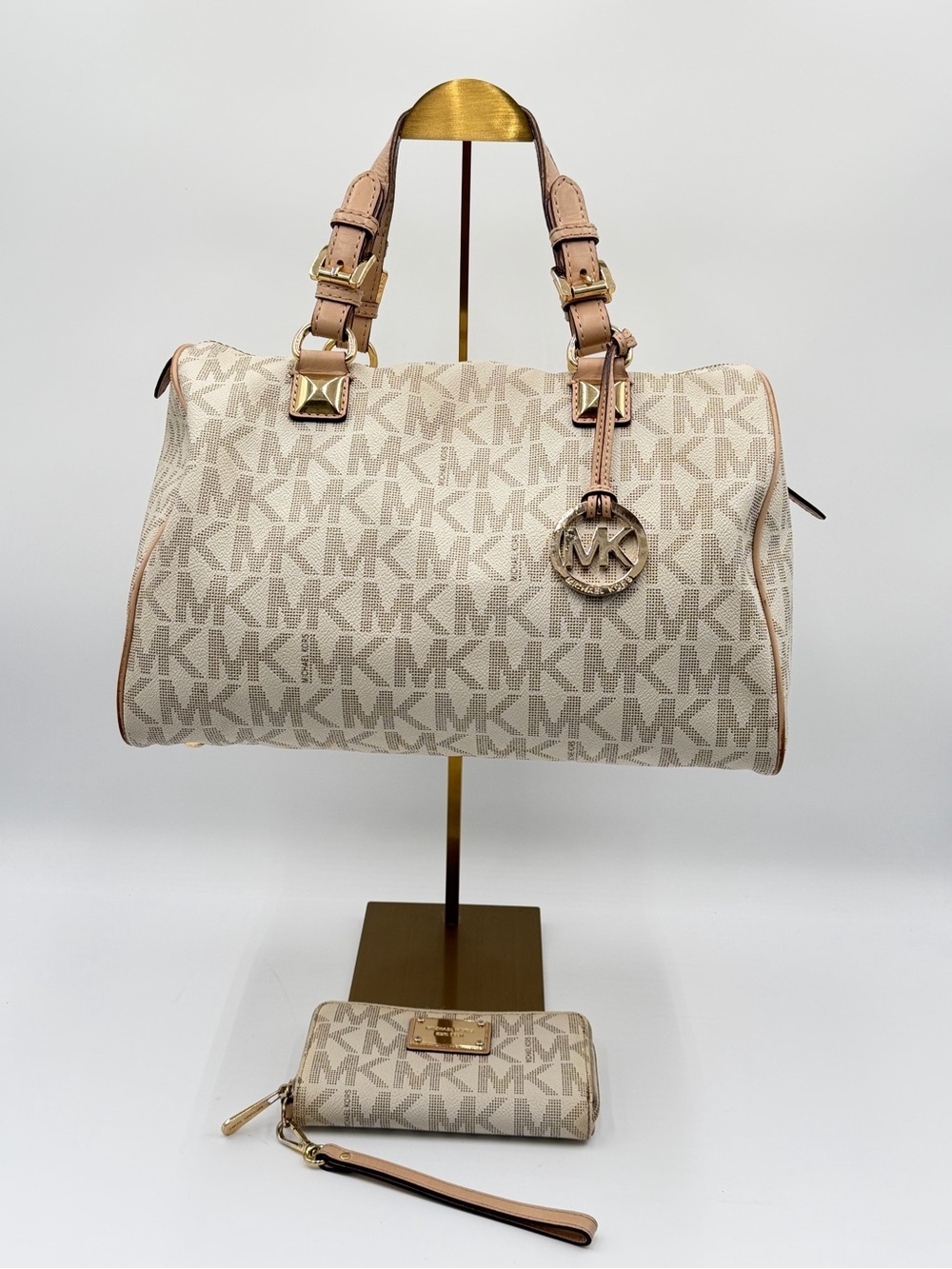 Michael Kors Signature Satchel & Wristlet Set Vanilla MK Logo Pre-Owned